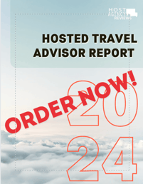 Report cover image with a light blue sky image and text reading "Hosted Travel Advisor Report, 2024" for title and a red "Order Now" stamped across it