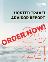 Report cover image with a light blue sky image and text reading "Hosted Travel Advisor Report, 2024" for title and a red "Order Now" stamped across it