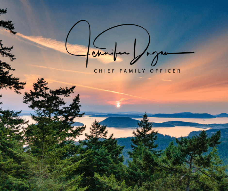 Jennifer Dugan in script font, Chief Family Officer in san serif font, with a backdrop of a sunset and pine trees