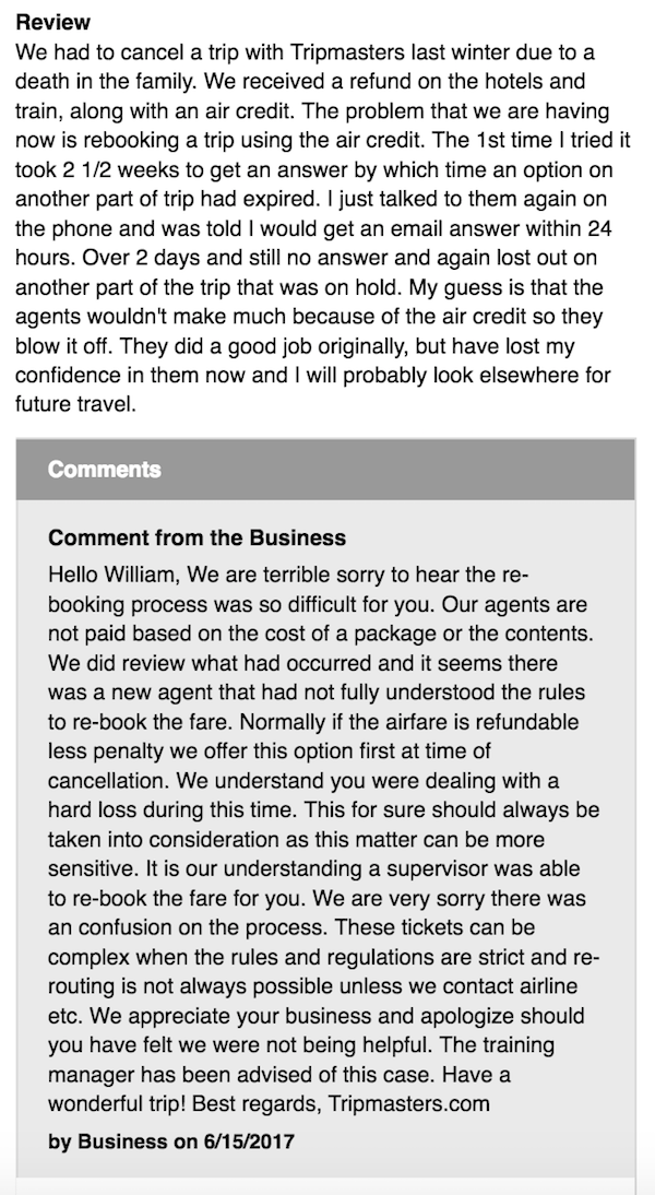 Example of how to respond to a negative review