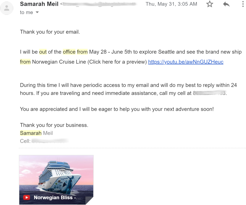 out of office reply example business trip travel agent