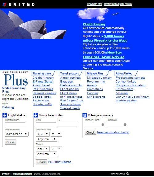 United Airlines first website 1999