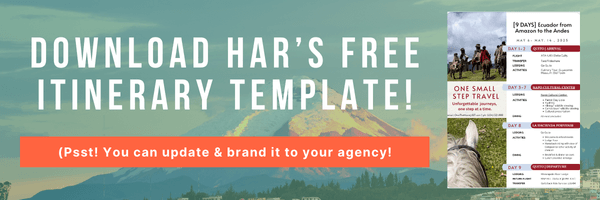 Marketing banner with text 'Download HAR's Free Itinerary Template!' set against a mountain landscape background, featuring a travel itinerary preview and orange text noting it can be branded for agencies